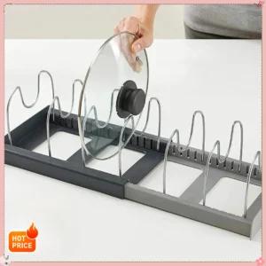 Stainless steel pot lid and cutting board storage rack, multifunctional kitchen organizer, U-shaped groove for stable placement.